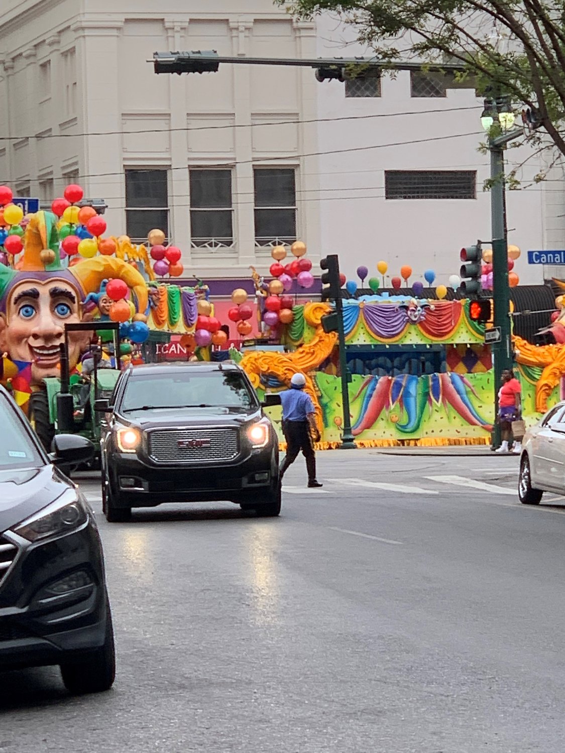 Transportation to our evening reception at Mardi Gras World was done in style -- riding Mardi Gras floats and throwing beads to everyone we passed! (Photo by America's Newspapers)