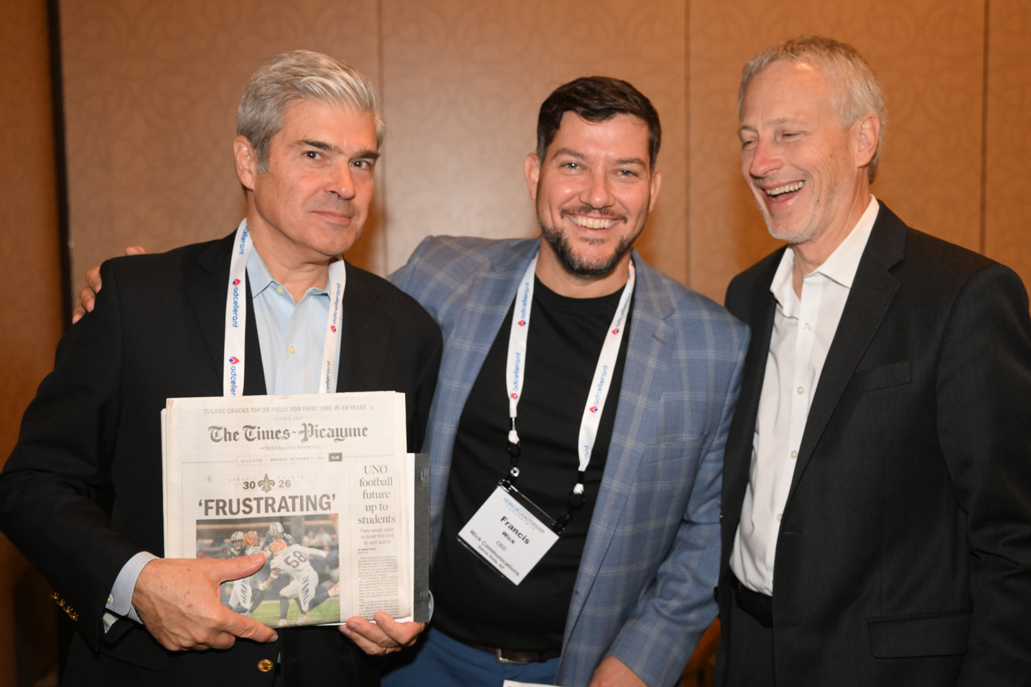A frustrating loss for the New Orleans Saints on the opening weekend of the Senior Leadership Conference – Bill Nutting, vice president of Ogden Newspapers; Francis Wick, CEO of Wick Communications; and Dean Ridings, CEO of America's Newspapers. (Photo by Jeff Strout)