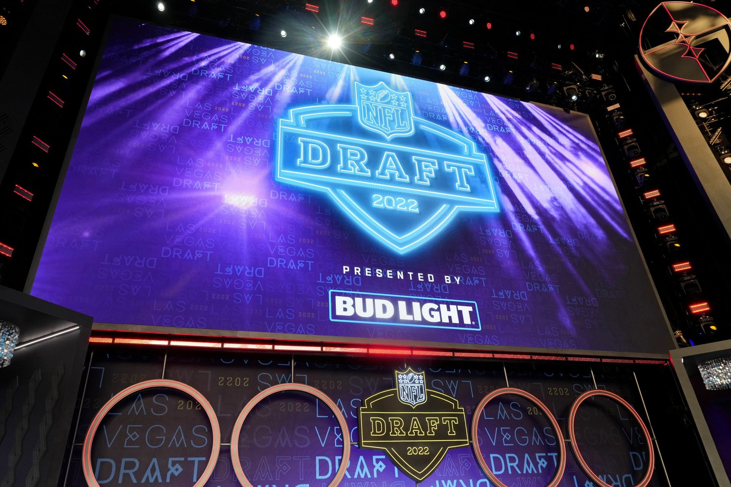 April 28, 2022 - Las Vegas, NV: The 2022 NFL Draft logo is displayed during the first round of the 2022 NFL Draft at the NFL Draft Theater. (Photo by Kirby Lee / USA TODAY Sports)
