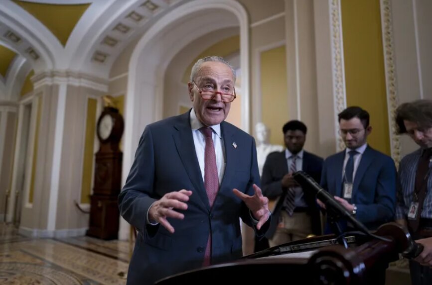 Senate Majority Leader Charles Schumer, D-New York, talks to reporters about artificial intelligence during a news conference following a closed-door meeting with fellow Democrats at the Capitol in Washington, D.C., on Wednesday, June 21, 2023. (J. Scott Applewhite/The Associated Press)