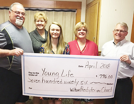 The Wilton Presbyterian Church held a taco dinner night in April and collected $796 in donations, which were presented to the local Young Life organization. Pictured (from left) is Tom Maurer, Laurie Maurer, Amy Hurd for Young Life, Terri Becker and Mike Norton.