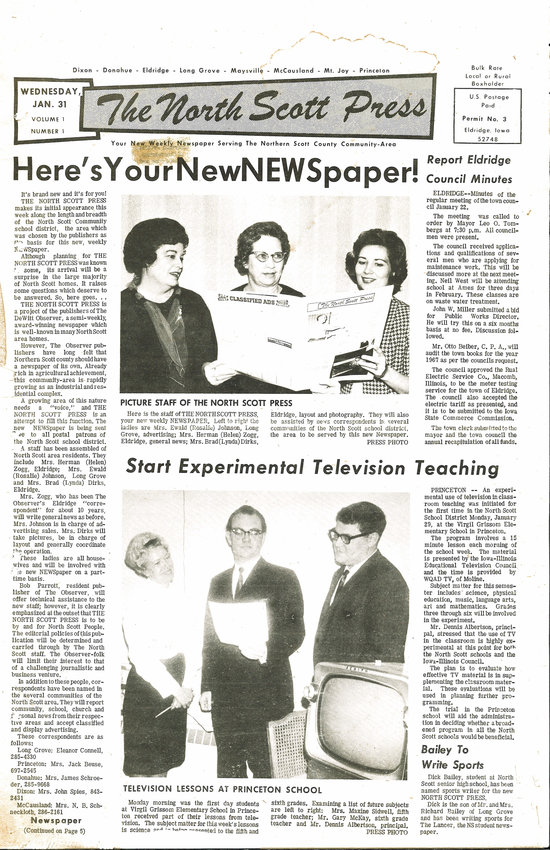 JANUARY: The North Scott Press opened its 50th year in community journalism by asking readers for input to improve the newspaper&rsquo;s coverage, content and design, and by reprinting the original issue of The NSP from Jan. 31, 1968.
