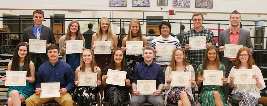 Senior Excellence GPA 4.0: Seniors who were recognized for Academic Excellence included, front (l-r): Alannah Skinner, Garrett Willey, Elsa Treiber, Rylie Rucker, Caleb McCabe, Chloe Engelkes, Katie Jackovich and Kaitlyn Bendickson. Back: Colin Wiersema, Alissa Zogg, Abigayle Shekleton, Kami Nagle, Kevin Diep, Keaton Rheingans and Reece Sommers.