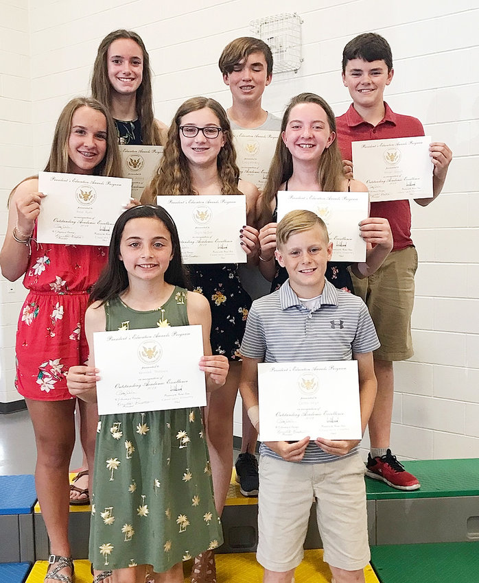 These sixth-grade students earned the Academic Excellence Award. Front: Kennadi Thiessen and Carter Hoyt. Second row: Anna Ruth, Jayda Neiber and Ava Haase. Back: Emme Allard, Cody Harkey and Kelan Gamet.