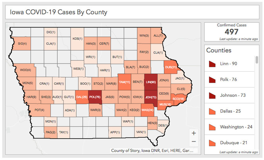 Total COVID-19 cases in Iowa as of March 31, courtesy of the Iowa Department of Public Health.