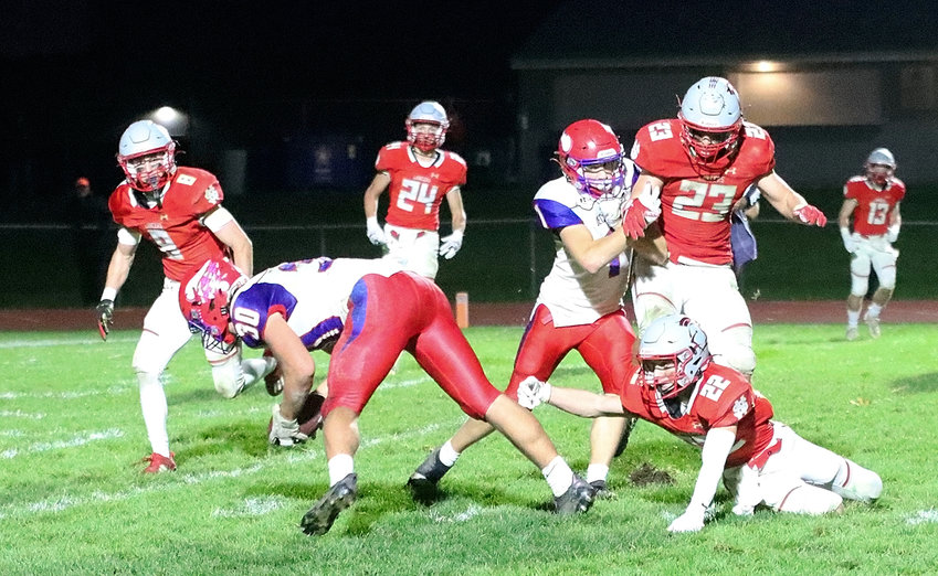 Junior Cole Jennings (22) had a stellar defensive game, with five tackles, an interception and fumble recovery, but he couldn't stop Decorah's Noah Storts from scoring the game-winning touchdown.