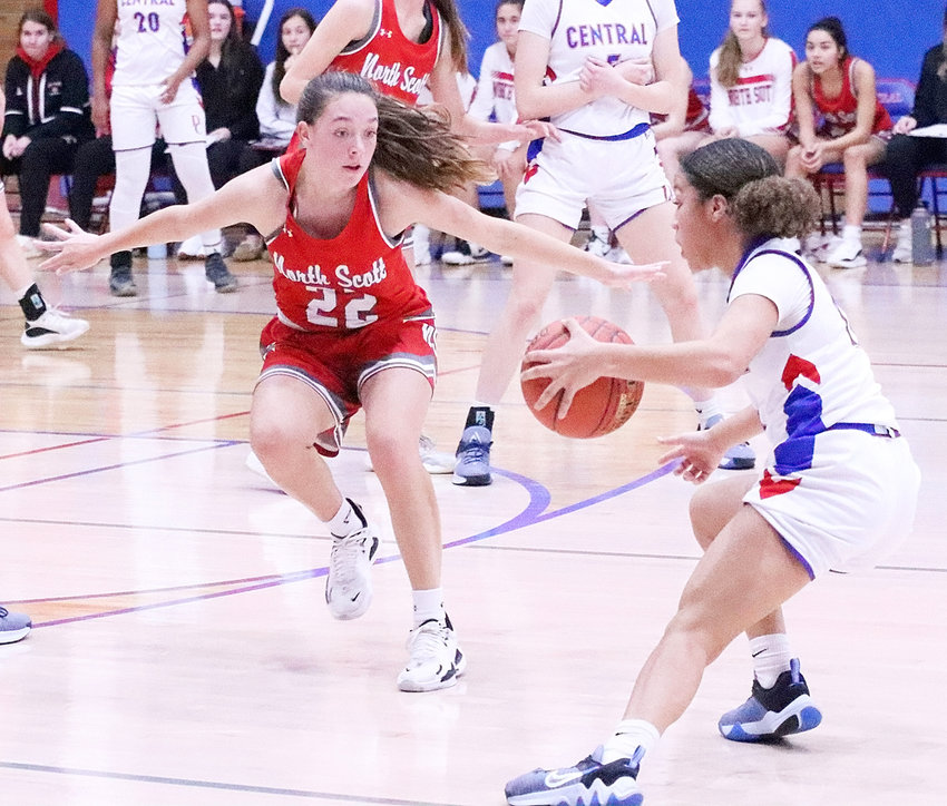 Junior Lexi Ward has proven herself to be North Scott's defensive specialist, and she was instrumental in slowing down Aniah Smith on this first-half play.