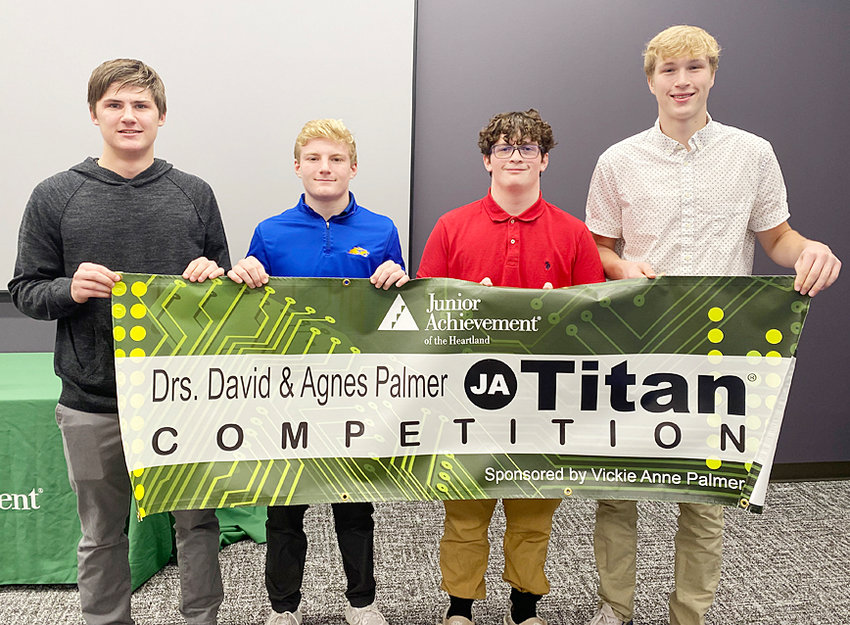 Wilton High School took second place in the Drs. David &amp; Agnes Palmer Junior Achievement Titan Competition. Each member of the team will receive a $750 scholarship. Winning Wilton team members include (from left) Kaden Shirk, Max Yohe, Aiden Hewitt and Caden Kirkman.