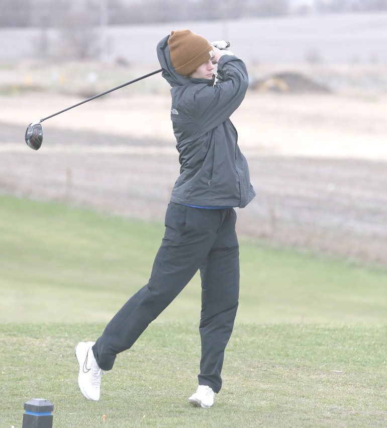 Wilton's Gage Oien tees off in West Branch April 18.  Photo by Matt Dickinson, West Branch Times.