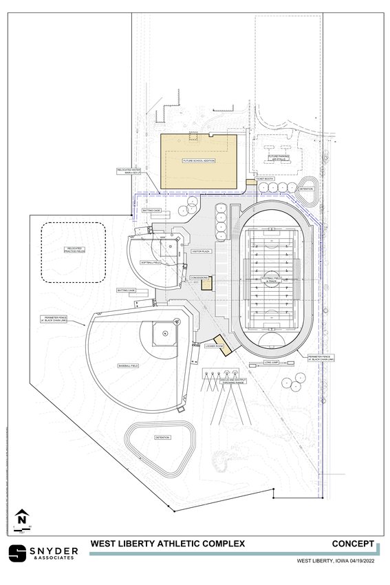 With the present West Liberty High School to the north of this proposed sports complex to be built on the now vacant grounds south of the school, this drawing unveiled at the May 3 meeting of the School Board of Education shows the tentative layout of a new football/soccer field as well as an eight-lane track with a new softball and baseball field to the west, along with a press box/concession stand, storage area and batting cages. A giant multi-use building for extra curricular activities would also be built, shown at the top of the drawing, along with additional parking.  A new practice field is on the far west side of the complex.