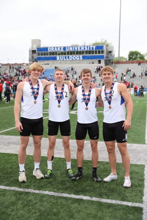 Durant finishes fifth in the state for the Class 2A boys 4x400-meter relay. Pictured are Garrett Hollenback, Drake Shelangoski, Charlie Huesmann, and Nolan DeLong.