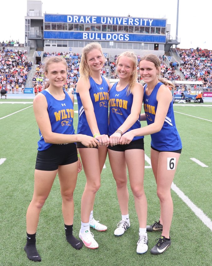 Wilton finishes seventh in the state for the Class 2A girls 4x100-meter relay. Pictured are Se Ann Houghton, Kelsey Drake, Kinsey Drake, and Catie Hook.
