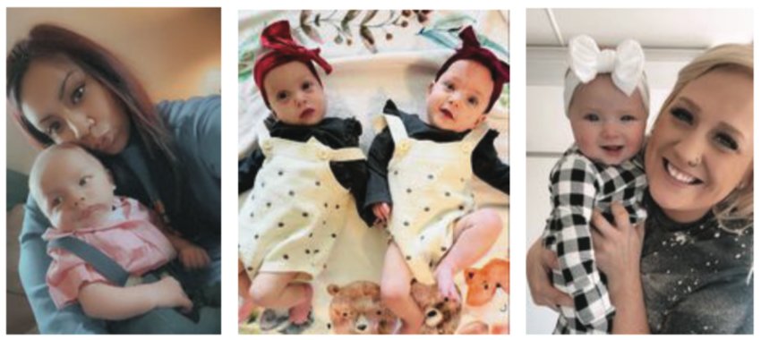 Three Muscatine County mothers share how the ongoing infant formula shortage is affecting them. Left: Andrea Huston and her son, Romeo Shockley. Center: Sami Motley's twins, Sylvie Grace and Hailey Jeannine. Right: Brittany Mertka and daughter, Bristol.
