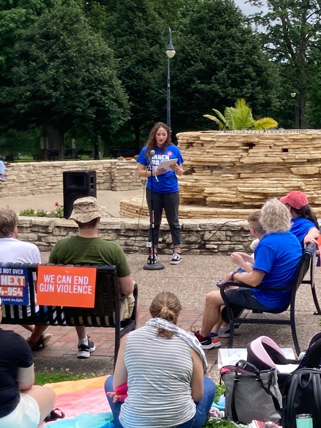 Anna Hodge speaks at a June 11 gun control rally at Vander Veer Park, Davenport.