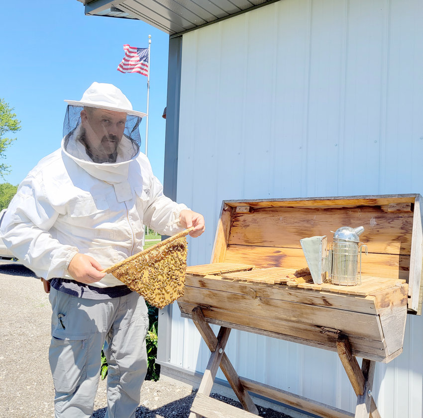 Brad Jipp of Moscow displays a frame from one of his 16 beehives.