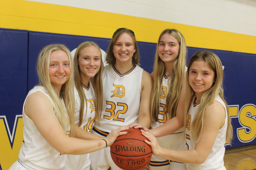 These five girls will lead the Durant High School basketball team this year on the courts. From left, they include Avery Paper, Kiyah Daily, Addison Schuett, Isabel DeLong and Hannah Peel.