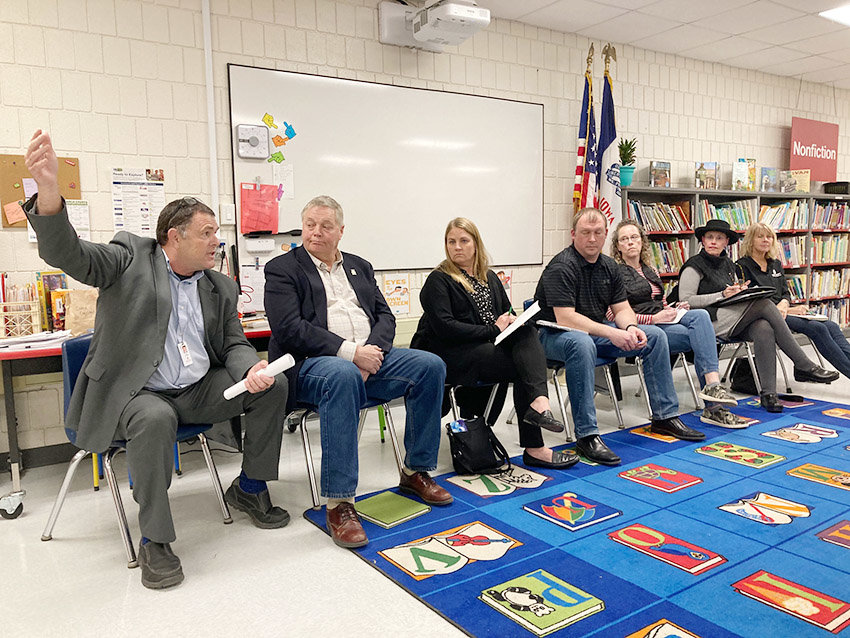 Superintendent Joe Stutting takes questions March 30 at Armstrong Elementary. From left, Stutting and board members John Maxwell, Molly Bergfeld, Mark Pratt, Carrie Keppy, Joni Dittmer and Tracy Lindaman.