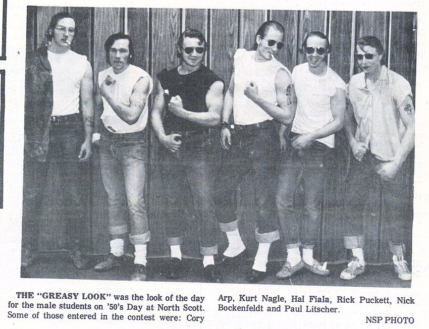 April 25, 1973 photo: The greasy look was the look of the day for male students on '50s Day at North Scott High School. Some of those entered in the contest were Cory Arp, Kurt Nagle, Hal Fiala, Rick Puckett, Nick Bockenfeldt and Paul Litscher.