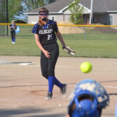 Wildcat pitcher Allison Toft fires in a fastball during an early-season game against West Liberty.
