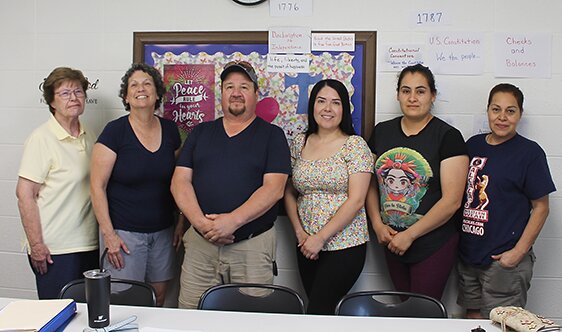 Pictured from left are tutors Jan Koellner and Nancy Gardner who tutor immigrants studying to take the American Citizenship test. Pictured after the tutors are students Hector Sanchez, Esmeralda Flores, Maria Mojica and Carmen Aranday who are in the process of submitting their applications to take the test.