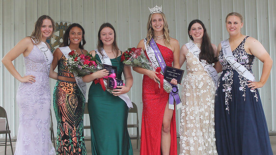 Pictured from left are Muscatine County Fair queen contestants Nellie Stagg, Kylie Struck, First Runner Up and Miss Congeniality Rebekah &quot;Becky&quot; Imhoff, 2023 Muscatine County Fair Queen Kiley Langley, Sadie Peters and Emily King after the queen pageant Wednesday, July 19.