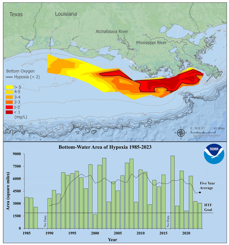 Gulf hypoxia areas from 1985-2023.