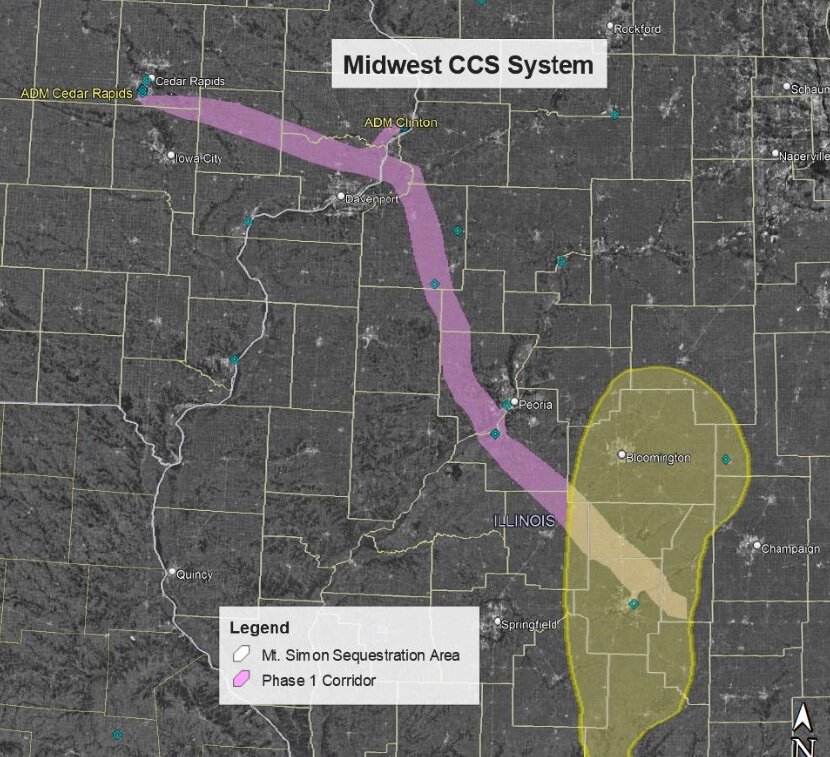 A 2022 Wolf Carbon Solutions map shows the proposed path for a pipeline to carry Iowa ethanol waste for deep-well injection disposal in central Illinois.