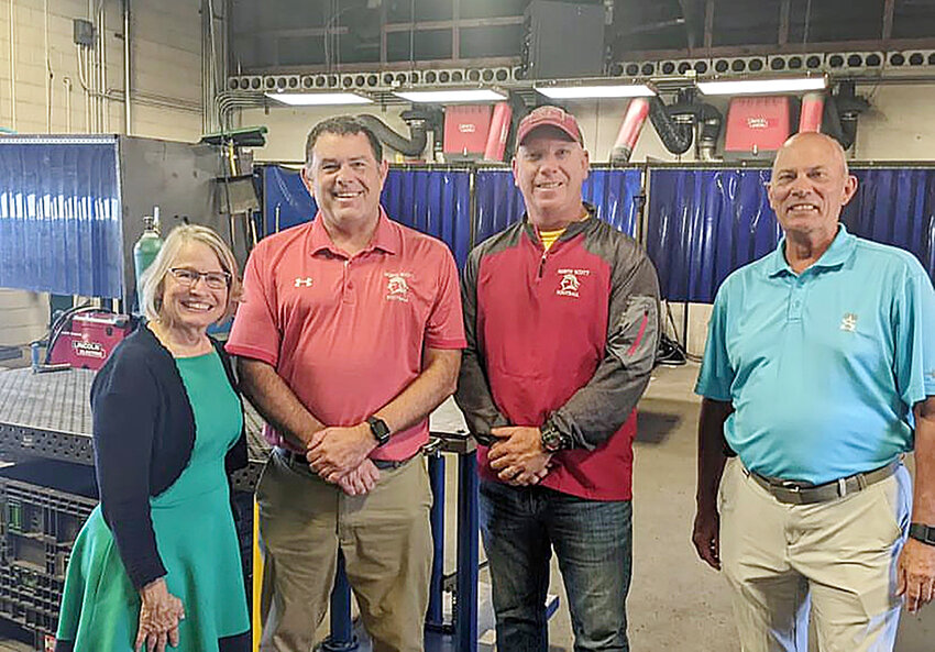 U.S. Rep. Mariannette Miller-Meeks, pictured with North Scott superintendent Joe Stutting, welding teacher Dave Linnenbrink, and school board member Frank Wood, visited North Scott High School Sept. 1 and learned more about the district's career pathways program.