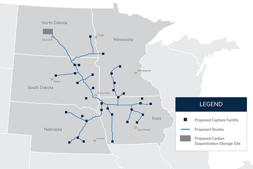 The Summit Carbon proposed pipeline relies on South Dakota access to reach ethanol customers in North Dakota.