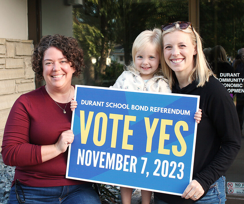 The future of Durant Community Schools is being promoted by preschooler Clara Lensch and her mom, Hannah, (at right) as well as Shana Schneider. The two ladies have been instrumental in leading the &ldquo;Step Up Committee&rdquo; fighting to get a $13.2 million bond referendum passed to upgrade the Durant education campus.