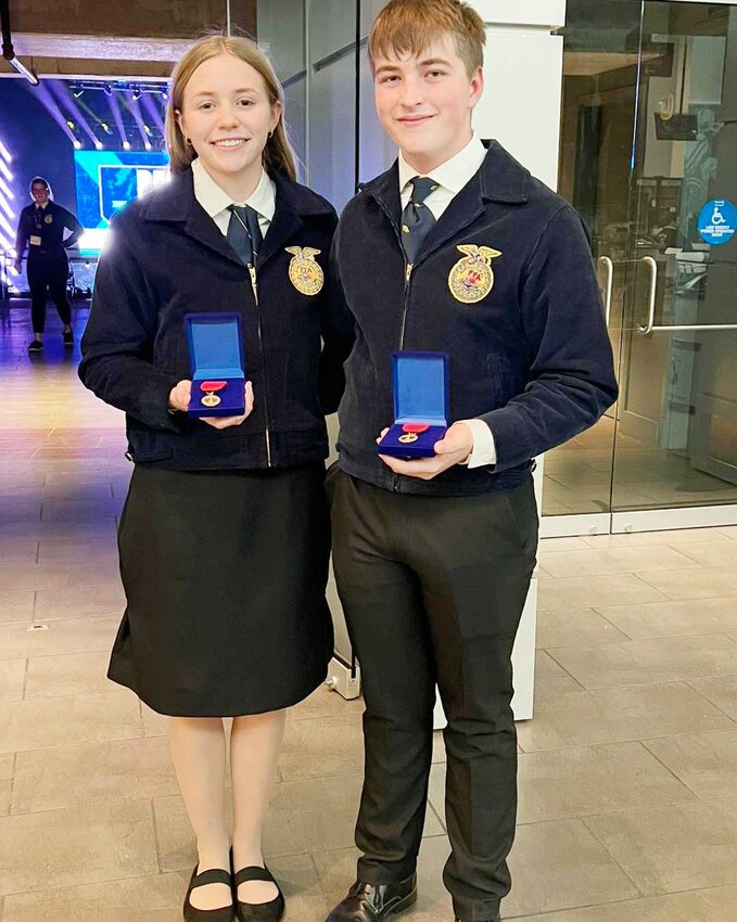 Marlayna Cockshoot and Cael Mess achieved reserve national champion in the Power Systems and Technology category, division IV, working on reducing tractor cab decibels to curb farmer hearing loss.