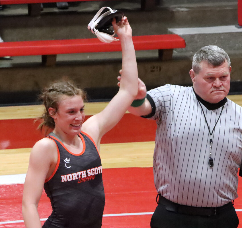 It was all smiles for Lancer senior Harmony Hansel as she was the last girl standing in the 130-pound bracket during Friday's North Scott Girls Varsity Tournament.