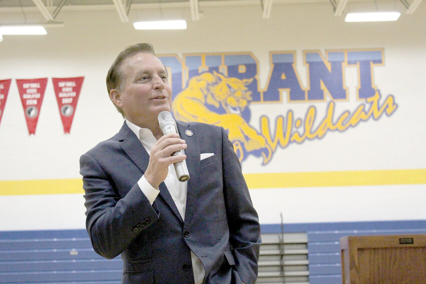 Secretary of State Paul Pate talked about the importance of voting Friday, Jan. 5, in the Durant High School gymnasium to hundreds of students.