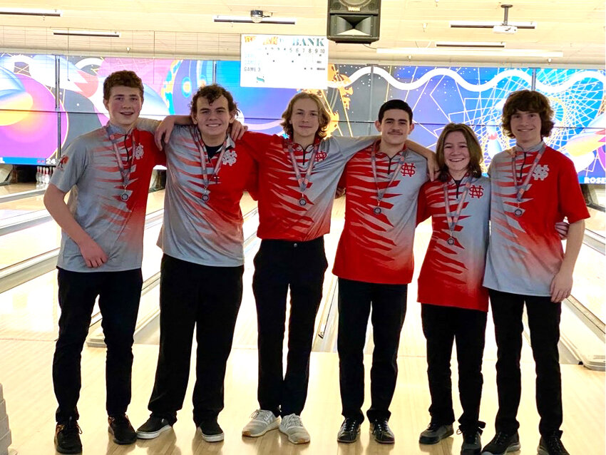 North Scott's JV scarlet team posing with their second-place medals. From left: Quinten Saunders, Dillon Learn, Kale Blodig, Gustavo Perez-Espina, Cole Wolf and Cameron Dobereiner.