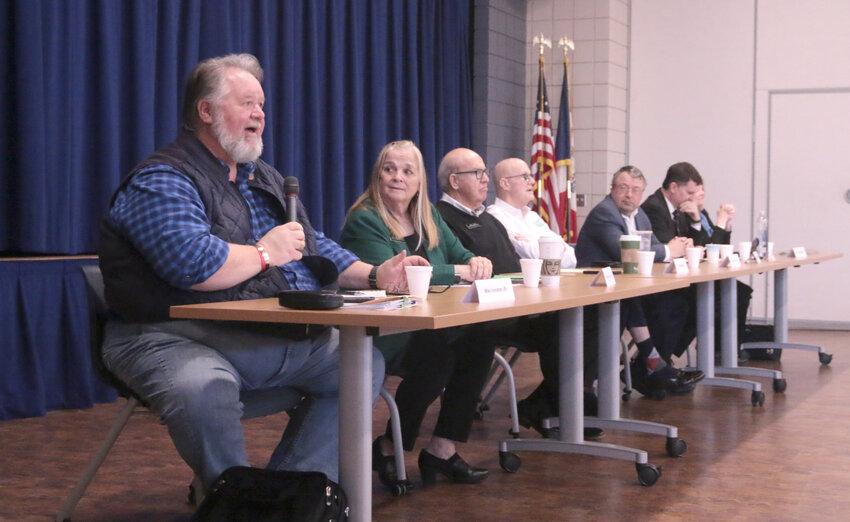 Scott County's state legislators took questions from the public, Feb. 10, at Scott Community College. Participating lawmakers, from left: Reps. Mike Vondran, Monica Kurth, Gary Mohr, Ken Croken, and Norlin Mommsen, and Sens. Scott Webster and Cindy Winckler.