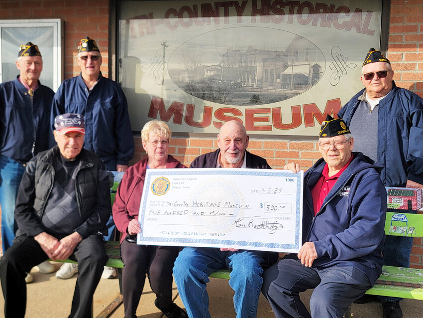 Durant Legion donated $500 to the Tri-County Historical Museum on Tuesday, March 5, to help aid the museum. From left, Ray Arp, Dick Frick, Rich Harmsen, Mary Eirckson, Ken Rochholz, Leon Rathjen.