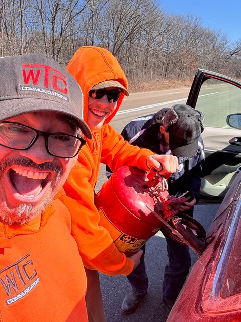 WTC employees Paul Marquez, in foreground, and Lief Clevenger may have saved a Shelby resident&rsquo;s life when they found him confused at an I-80 rest stop March 1.