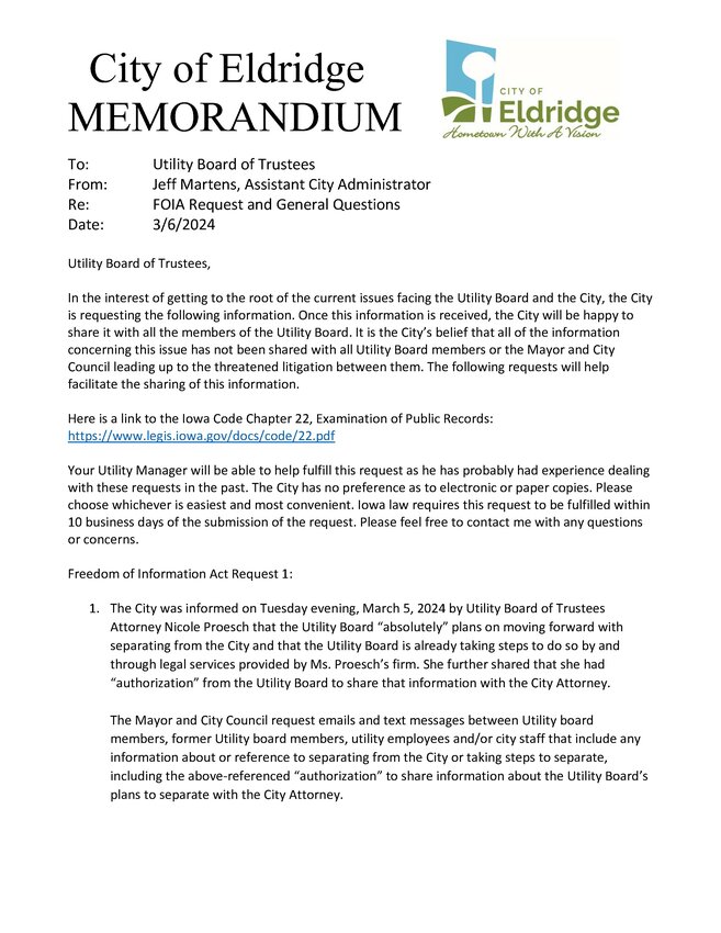 City of Eldridge FOI request sent March 6 to Eldridge utility board.