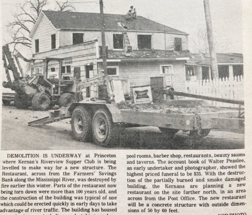 A demolition crew removes the old Kernan's Riverview Supper Club in March 1974, following a fire. Parts of the structure were more than 100 years old. It had housed pool rooms, a barber shop, restaurant, and beauty salon.