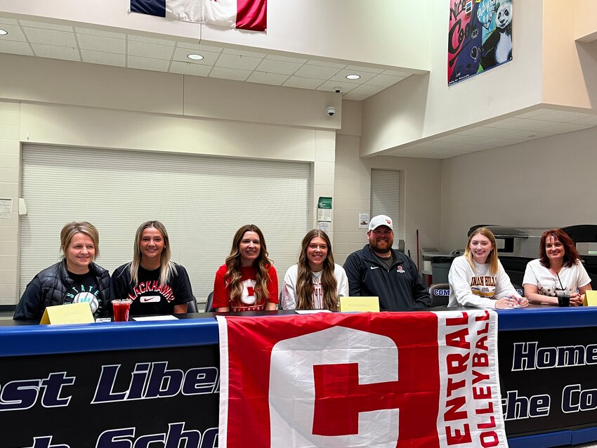 West Liberty High School students Laney Esmoil, Maelyn Wainwright and Rilee Han signed on to play college volleyball on Monday, April 8, with their families in attendance at West Liberty High School