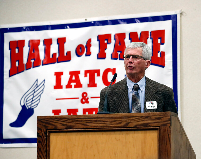 Longtime West Liberty track and field head coach Ron Maxson was inducted into the Iowa Association of Track Officials Hall of Fame in Ames, Iowa on Dec. 14, 2017.
