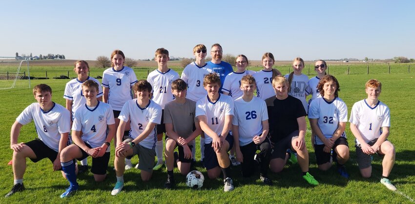 The 2024 Durant United Soccer Team. Front row, from left: Tommy Drake-Metzger, Royce Richman, Jordon Kirchner, Brayden Skrilloff, Clay Dierickx, Fred Hansell, Nic Poston, Tyler Ellithorpe, Nolan Williams. Back row, from left: Maddie Utter, Bailey Kraklio, Cameron Utter, Wesley Shoemaker, Coach Austin Williams, Ella Runge, Aleayah McKillip, Audrey Cummings and Grace Euson. Not pictured: Harleigh Briggs, Brooklyn Schlapkohl and Kourtney Williams.