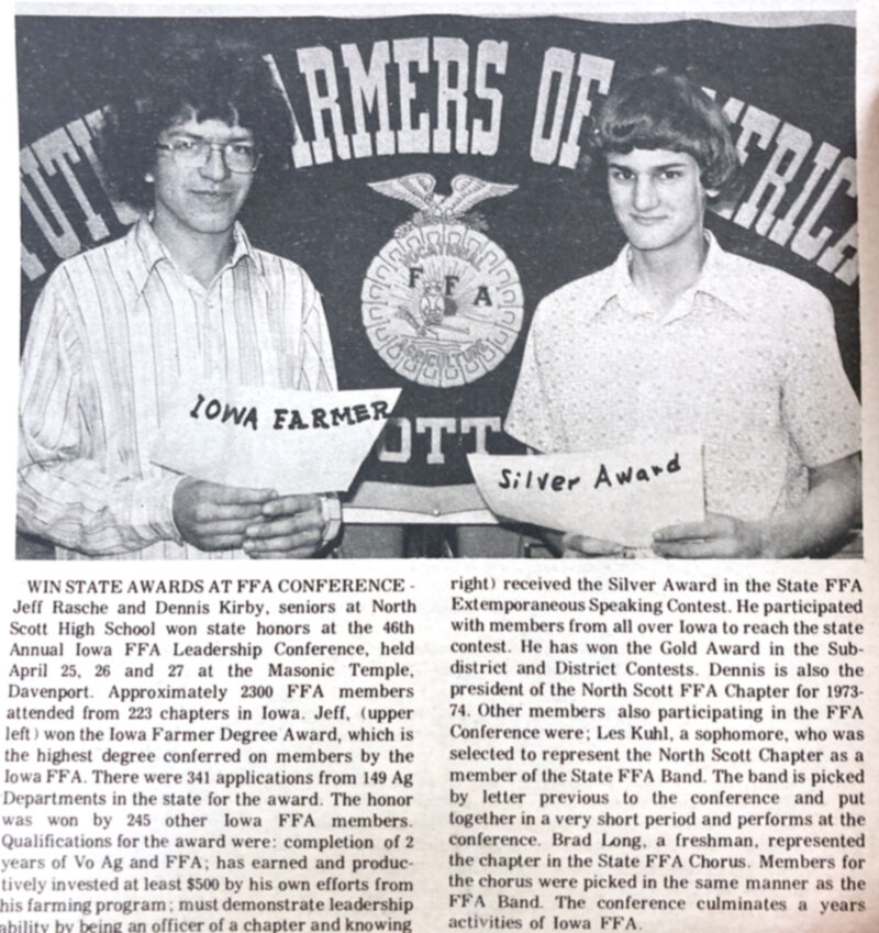 Jeff Rasche and Dennis Kirby win state honors at the 1974 Iowa FFA leadership conference.