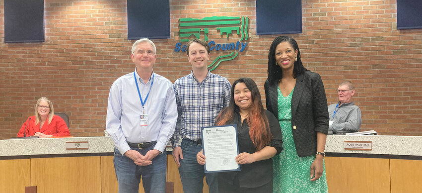 Scott County supervisors proclaim April 28 to May 4 as small business week. From left, supervisors Jean Dickson and Ken Beck, Quad City Chamber representative Jacob Foote, business owners Yasmin Moreles and Dr. Kit Ford, and supervisor Ross Paustian.