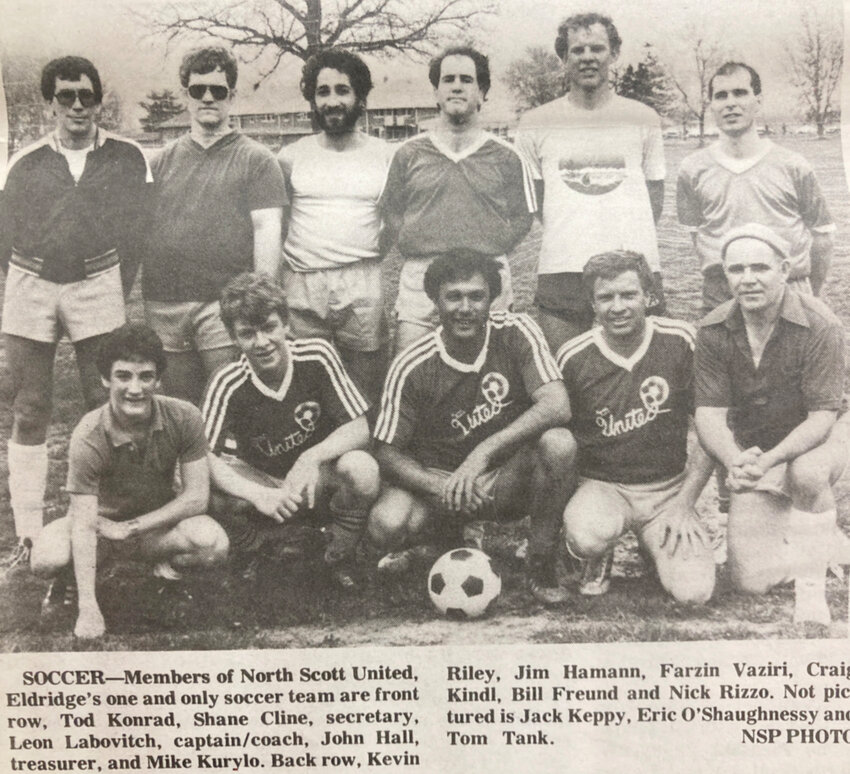 Members of North Scott's first soccer team: Front row, from left: Tod Konrad, Shane Cline, Leon Labovitch, John Hall, Mike Kurylo. In back, Kevin Riley, Jim Hamann, Farzin Vaziri, Craig Kindl, Bill Freund and Nick Rizzo. Not pictured, Jack Keppy, Eric O'Shaughnessy and Tom Tank.