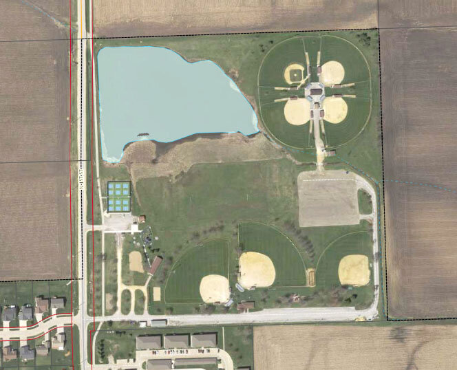 The Sheridan Meadows Park water detention area, upper left.