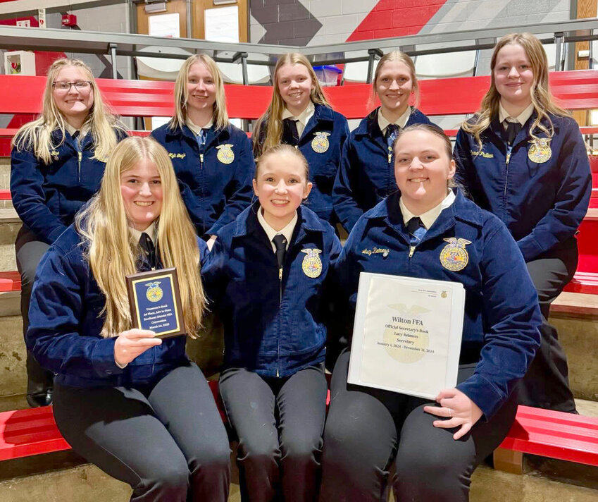 Wilton FFA student Madelyn Thede, won first place in treasurer&rsquo;s book at FFA district competition at North Scott High School last weekend.   Thede was ranked on accuracy and completeness, with the event designed around the keeping of complete and accurate chapter finance records.  With this win, Thede advanced to the state competition.   Lucy Reimers, won third place in secretary&rsquo;s book, receiving a gold rating in the event, and will also be advancing to state as an alternate.  Members of Wilton&rsquo;s Farm Business Management Team each ranked high individually. Lexi Henning was named 10th High Individual, receiving a gold rating. Shelby Geurink and Clara Schneider were both given silver ratings while Emma Pulliam was given a bronze rating.  In greenhand quiz, Alaina Lawlor and Allysa Valet were both given gold ratings for placing in 13th and 14th place respectively. Myli Geigel and Hadley Rae both attended districts as voting delegates for Wilton FFA.