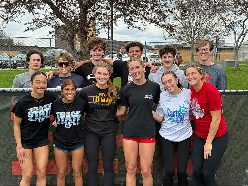 North Scott's relay crews pose for a photo before leaving for Des Moines. Bottom row, from left: Micayla Ramirez, Olivia Graham, Jayda Neiber, Chloe Morrison, Parker Ward, Adalynn Johnson. Top row, from left: Evan Kuhn, Evan Kruse, Cole Johnson, Jesse Eller, Sam Dickman, Ryan Block.
