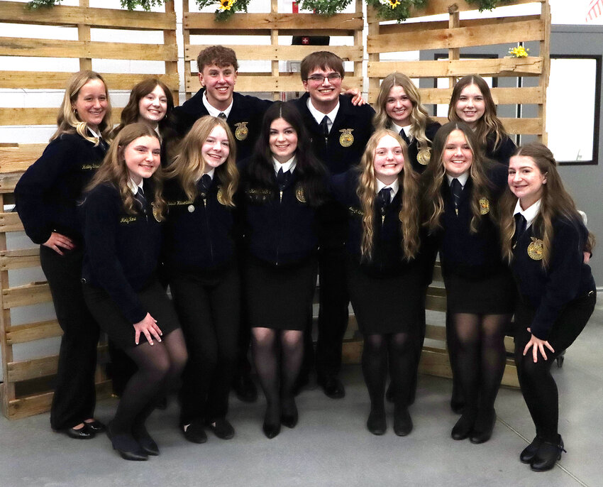 The 2025-2026 high school FFA leadership team includes, front row left to right: Molly Mose, Kelsie Hilsenbeck, McKenna DeCap, Aaliyah Shimkus, Gracyn Koehler, Anna Jones; back row left to right: Hailey Schaack, Isabella Carlson, Evan Keppy, Owen Klinkenberg, Jordan Jones, Amelia Bunce. Not pictured: Lane Wagemester.