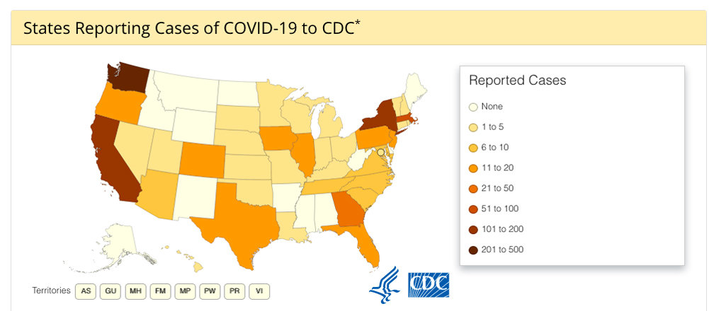 The map above, courtesy of the Centers for Disease Control (CDC) shows states with confirmed coronavirus COVID-19 cases. Iowa now has eight confirmed cases. (Note that the information was accurate as of March 9. Numbers likely changed after press time.)